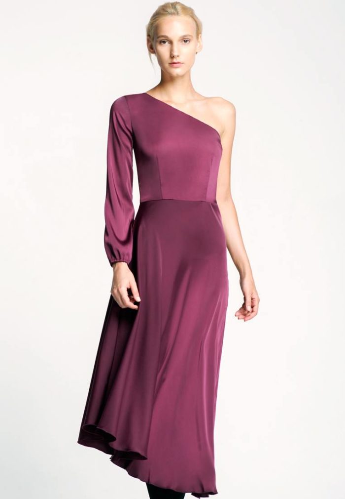 асимметричное фиолетовое миди платье для Святого Валентина